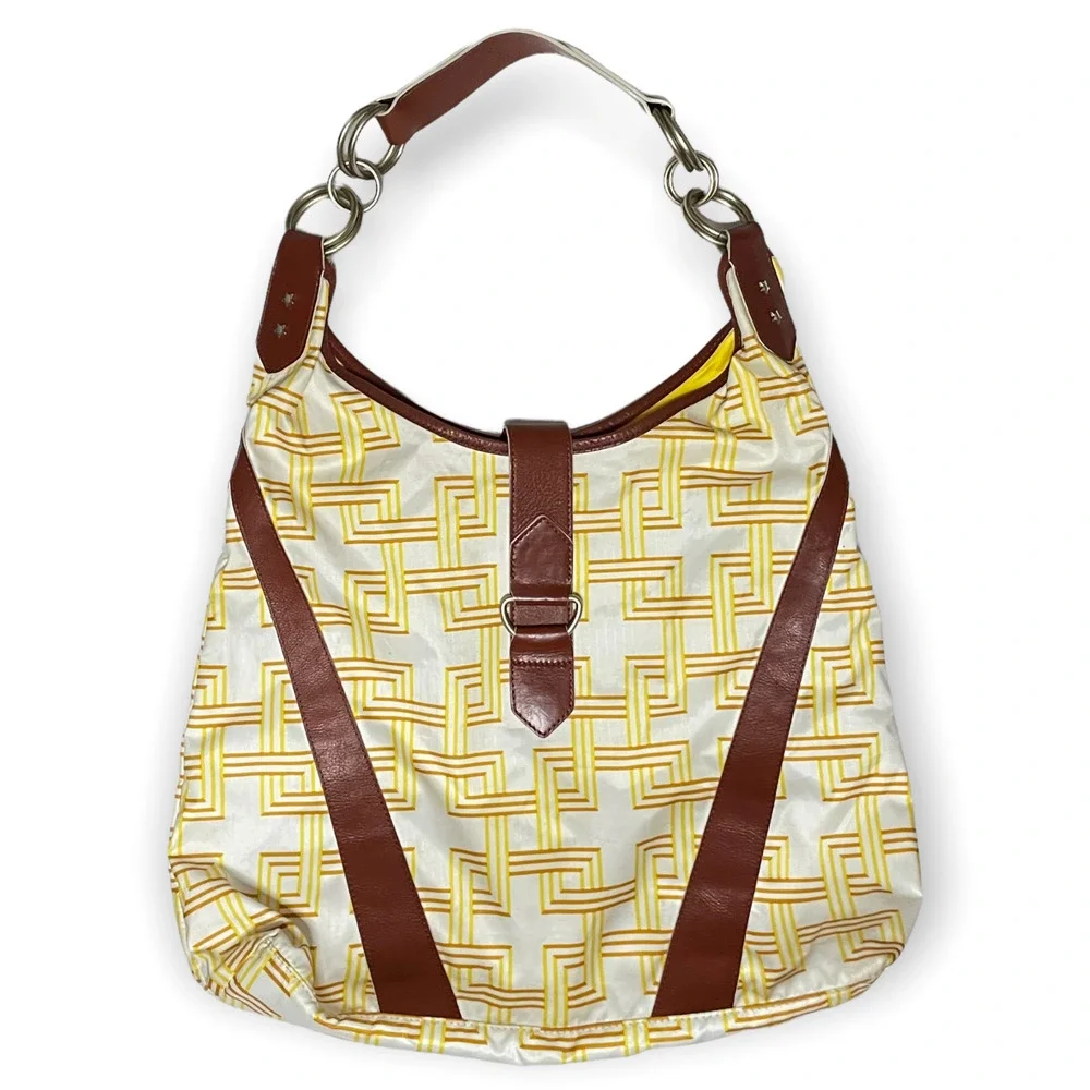 LeSportsac Yellow, White & Brown Nylon Hobo Bag With Faux Leather Trim, Rare - Picture 1 of 12